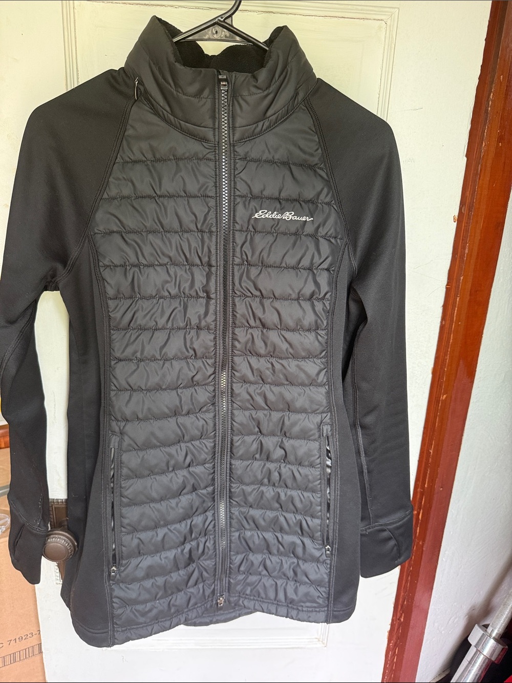 Eddie Bauer Black Quilted Hybrid Jacket with Stand Collar